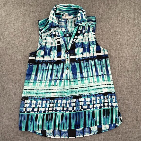 Dana Buchman Tops - DANA BUCHMAN Top Small Collared V-Neck Sleeveless Green‎ Blue Relaxed Fit